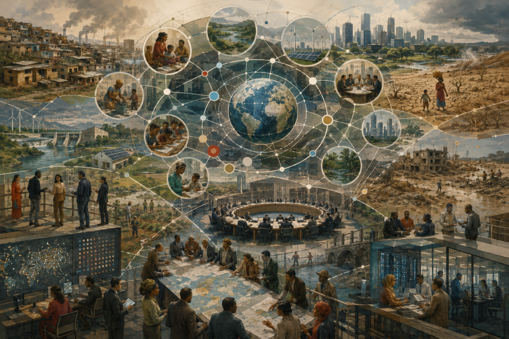 Abstract sustainability illustration of planetary boundaries and sustainable development, showing safe operating space, Earth-system stability, climate change, biosphere integrity, freshwater change, land systems, nutrient flows, ocean stress, pollution, governance, justice, and long-run human viability.