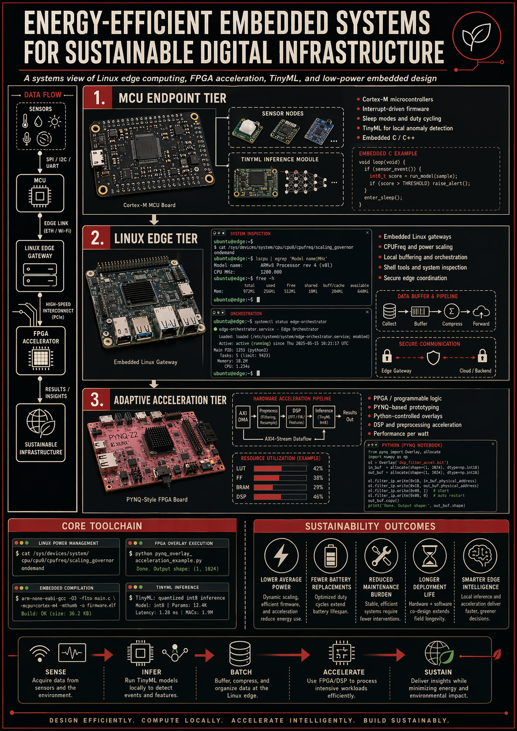 Infographic showing a three-tier sustainable digital infrastructure stack with MCU endpoint tier, Linux edge tier, and adaptive FPGA acceleration tier, plus diagrams for TinyML, PYNQ workflows, embedded C, Linux command-line tools, and sustainability outcomes.
