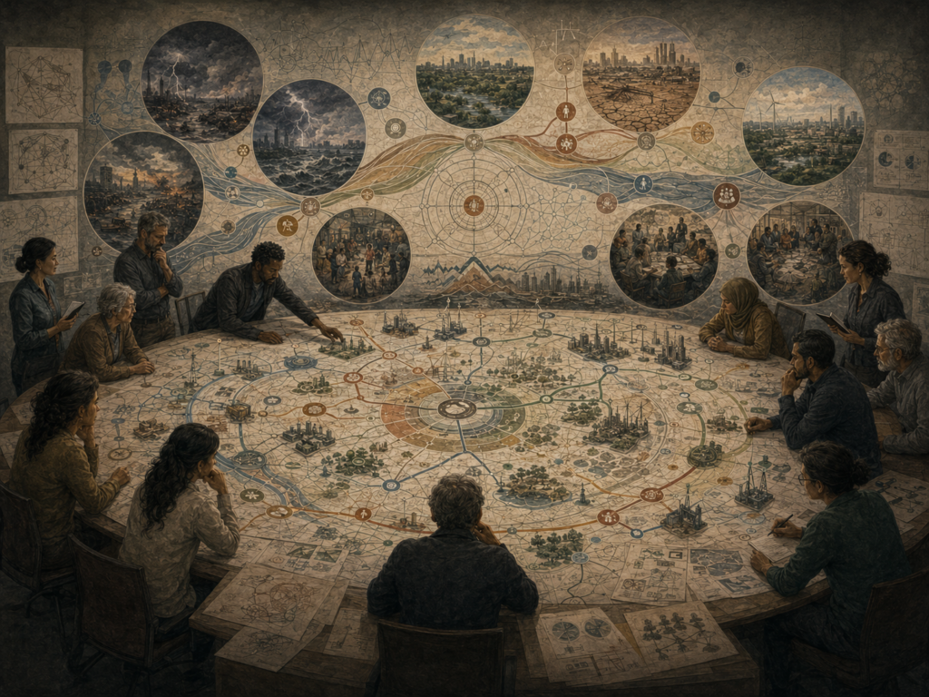 Researchers model complex system scenarios across climate risks, infrastructure, communities, energy, ecology, and governance.