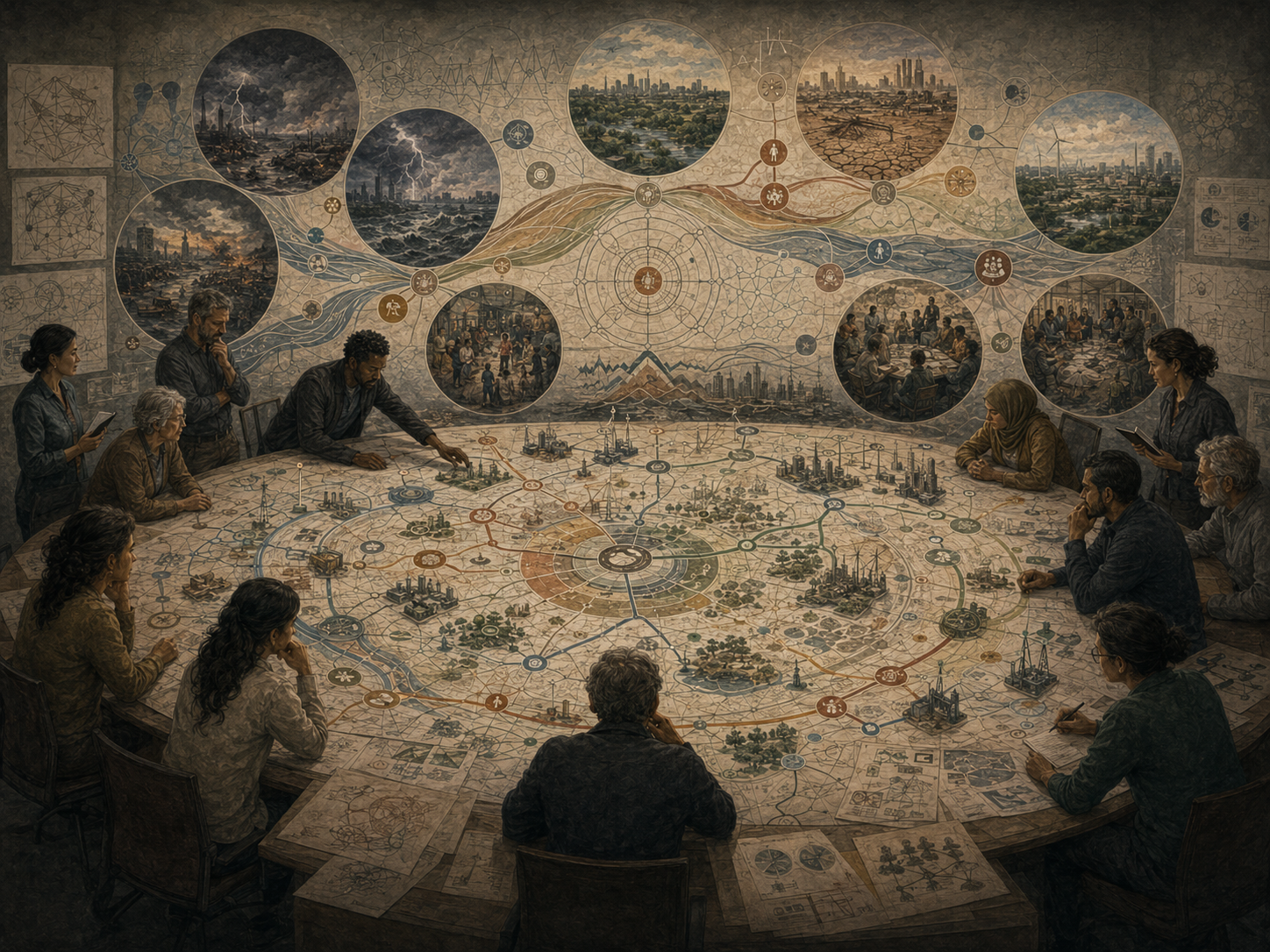 Researchers model complex system scenarios across climate risks, infrastructure, communities, energy, ecology, and governance.