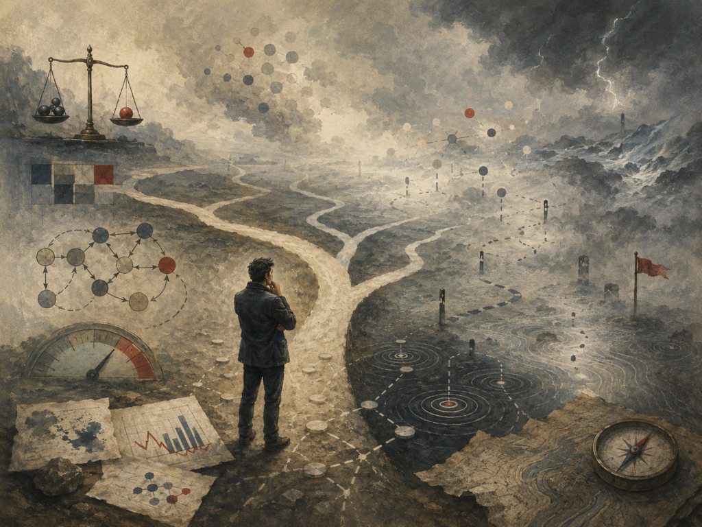 Painterly editorial illustration of a thoughtful figure facing branching paths, fog, storm clouds, risk markers, weighted choices, feedback loops, and scattered evidence under uncertain conditions.