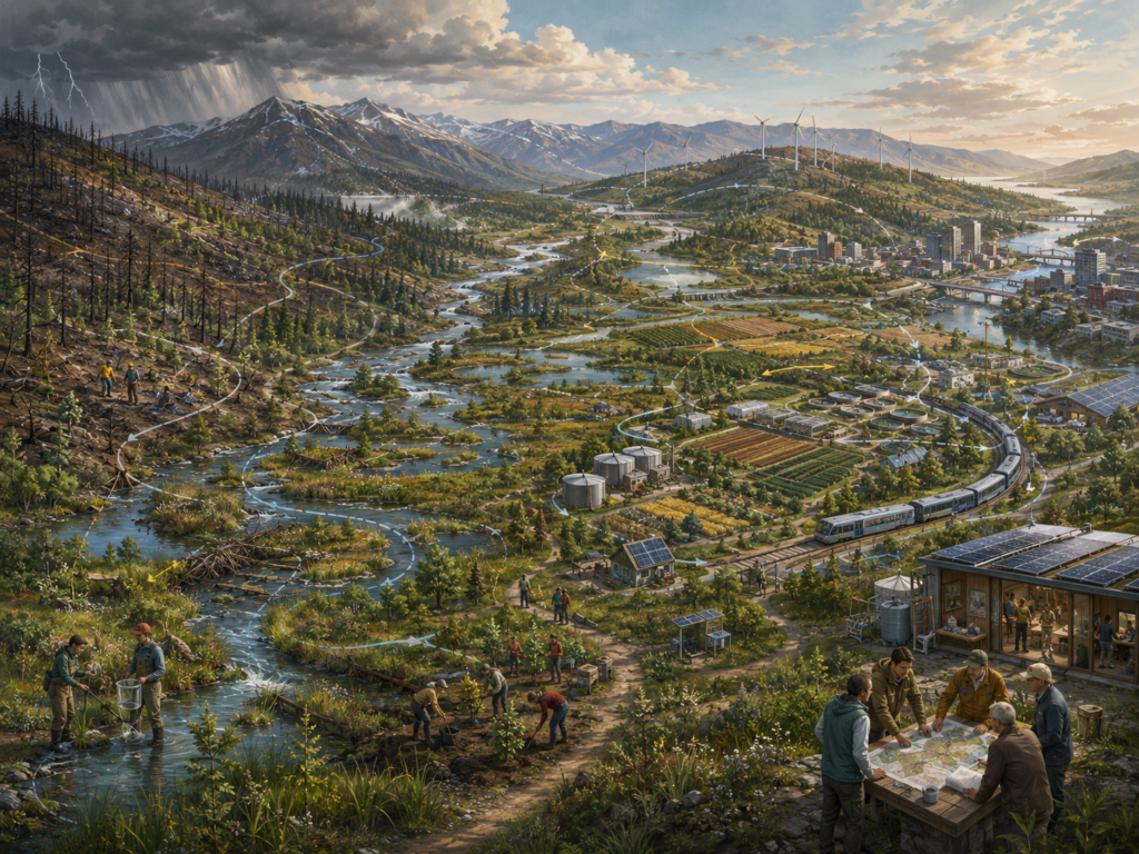 Panoramic systems illustration of a mountain watershed, city, farms, wetlands, renewable energy, transit, restoration crews, and planners adapting to storms, fire, and environmental change.