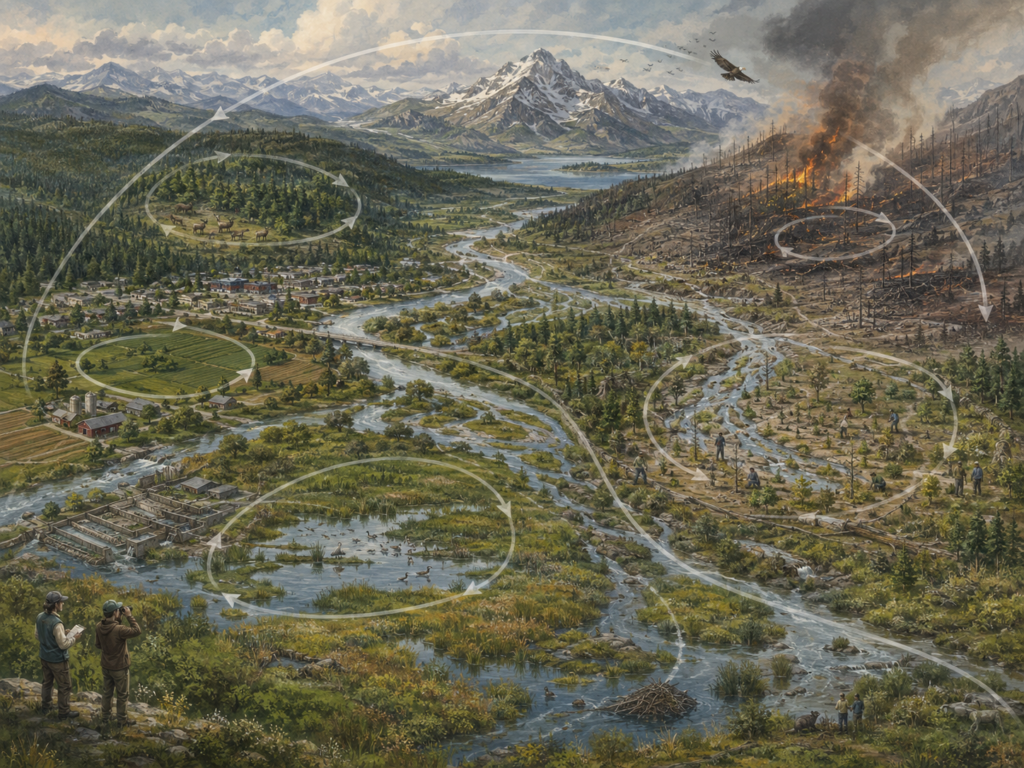 Panoramic ecological systems illustration of a mountain watershed showing forests, wetlands, farms, wildfire disturbance, regrowth, restoration work, and circular adaptive-cycle pathways.