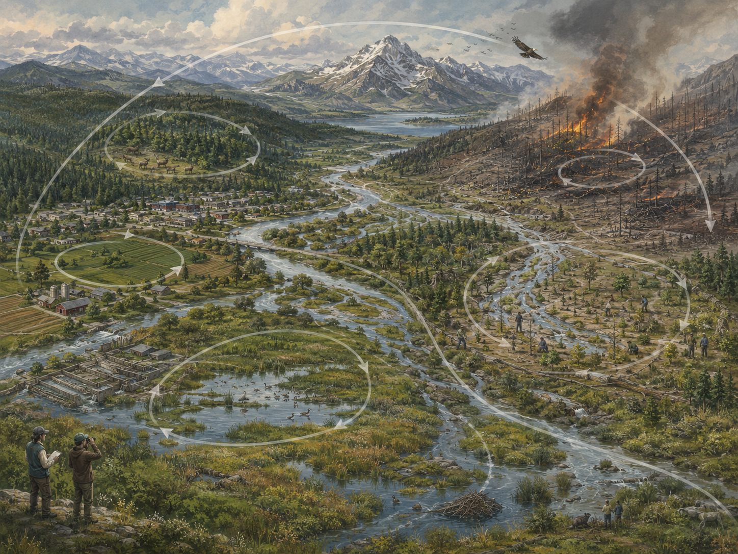 Panoramic ecological systems illustration of a mountain watershed showing forests, wetlands, farms, wildfire disturbance, regrowth, restoration work, and circular adaptive-cycle pathways.