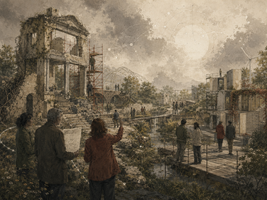 Restrained institutional illustration of people rebuilding damaged civic structures, modular systems, pathways, and scaffolding, representing organizational adaptation and strategic transformation.