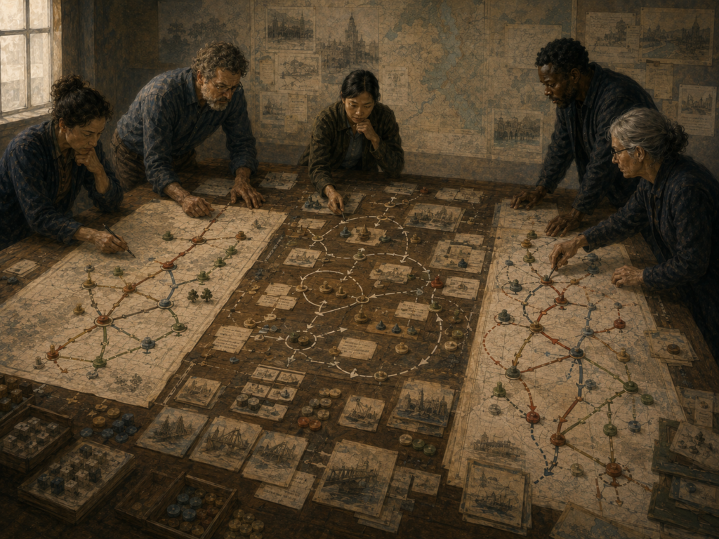 Strategists revise interconnected planning maps, pathway routes, feedback loops, action cards, and tokens across a large institutional table.