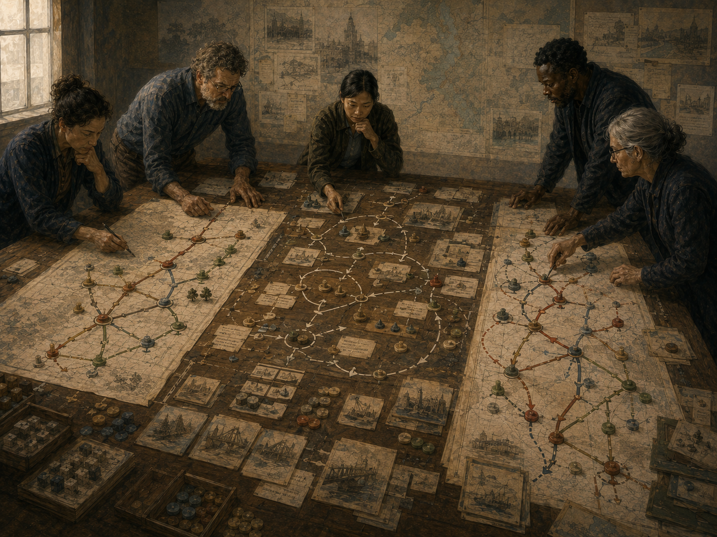 Strategists revise interconnected planning maps, pathway routes, feedback loops, action cards, and tokens across a large institutional table.