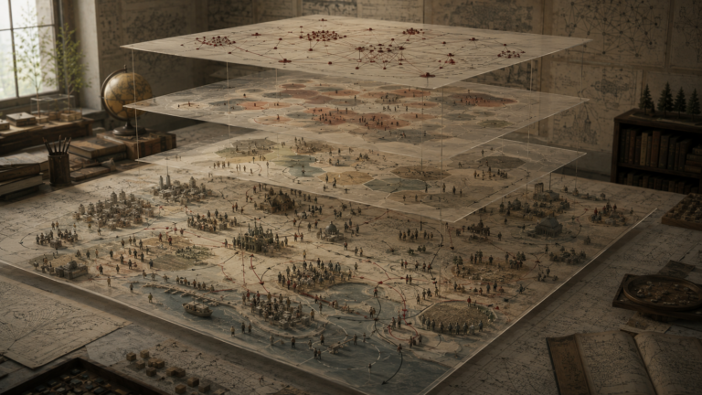 Layered agent-based model on a research table with many tiny agents moving through mapped environments, interaction zones, network ties, clustered behaviors, and emergent patterns on translucent analytical planes.