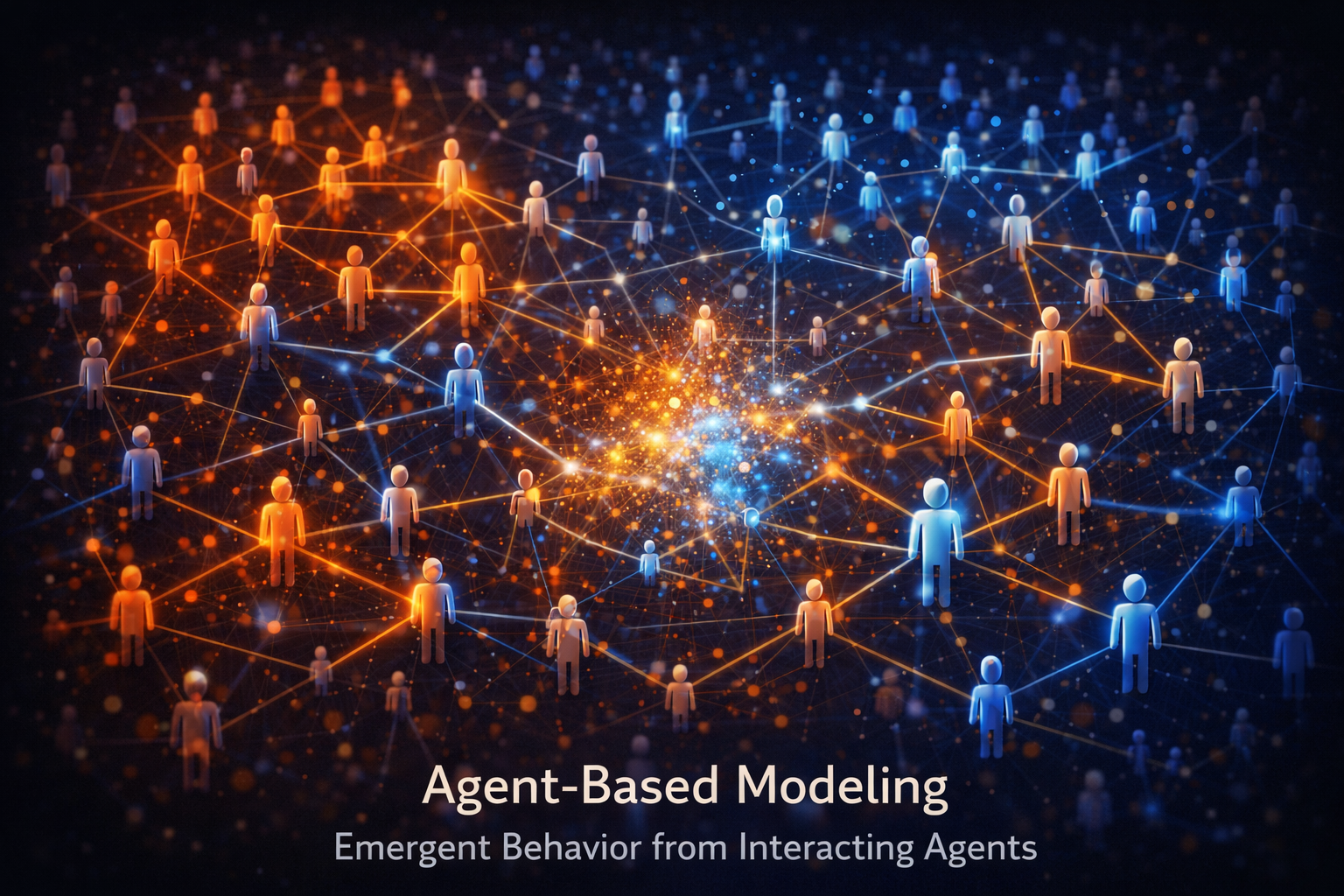 Visualization of agent-based modeling showing many autonomous agents interacting in a network to produce emergent system behavior.