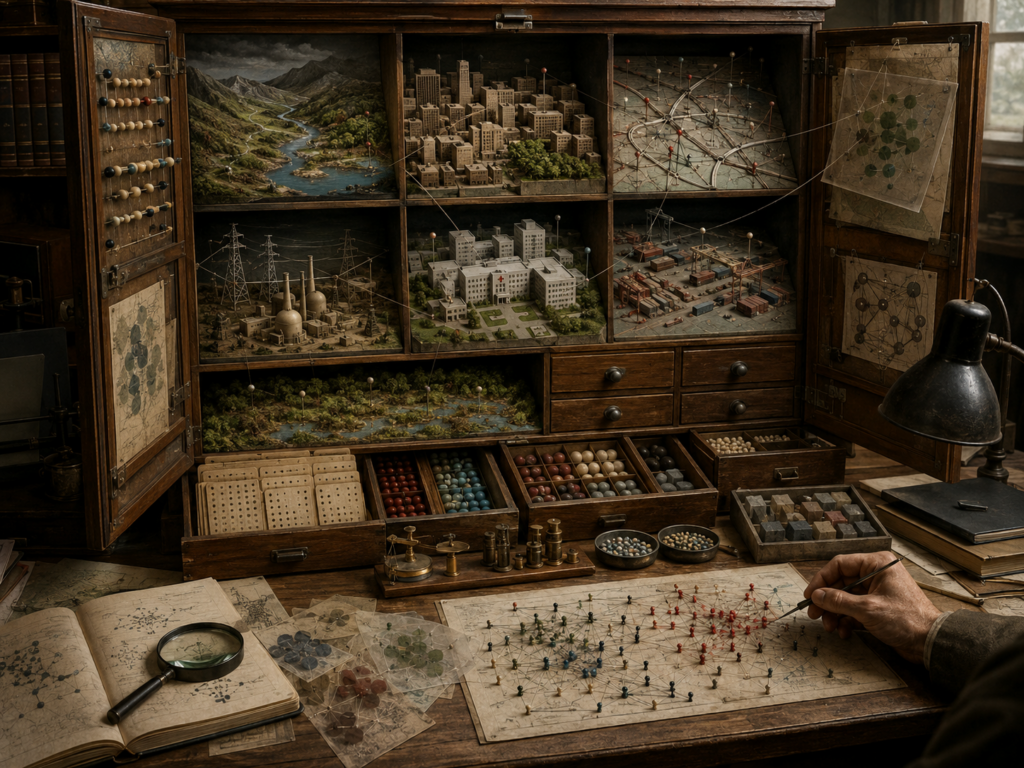 Cabinet of analytical models showing a watershed, city district, transport network, energy grid, hospital network, supply chain, and ecological habitat, connected by threads, tokens, overlays, and research tools.