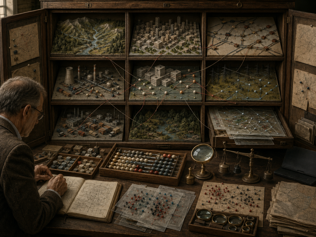 Cabinet of analytical models showing a watershed, city district, transport network, energy grid, hospital network, supply chain, and ecological habitat, connected by threads, tokens, overlays, and research tools.