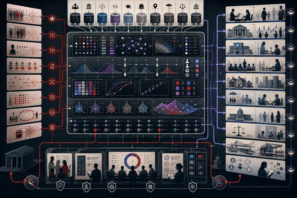 AI fairness and accountability system showing biased data pathways, measurement validity, proxy variables, group-level evaluation, fairness metrics, decision thresholds, calibration review, human oversight, appeal pathways, audit evidence, monitoring, and institutional governance controls.