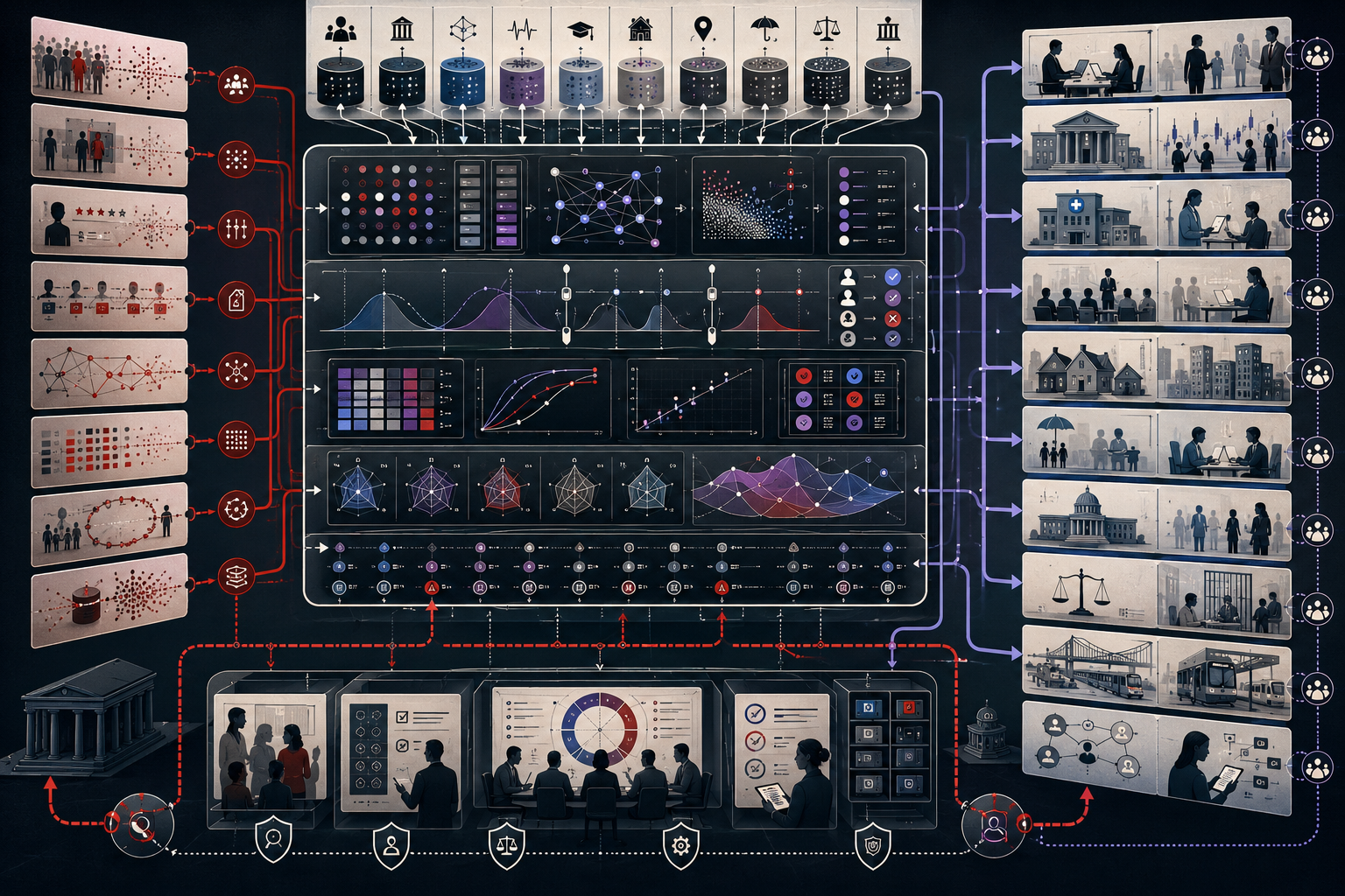 AI fairness and accountability system showing biased data pathways, measurement validity, proxy variables, group-level evaluation, fairness metrics, decision thresholds, calibration review, human oversight, appeal pathways, audit evidence, monitoring, and institutional governance controls.