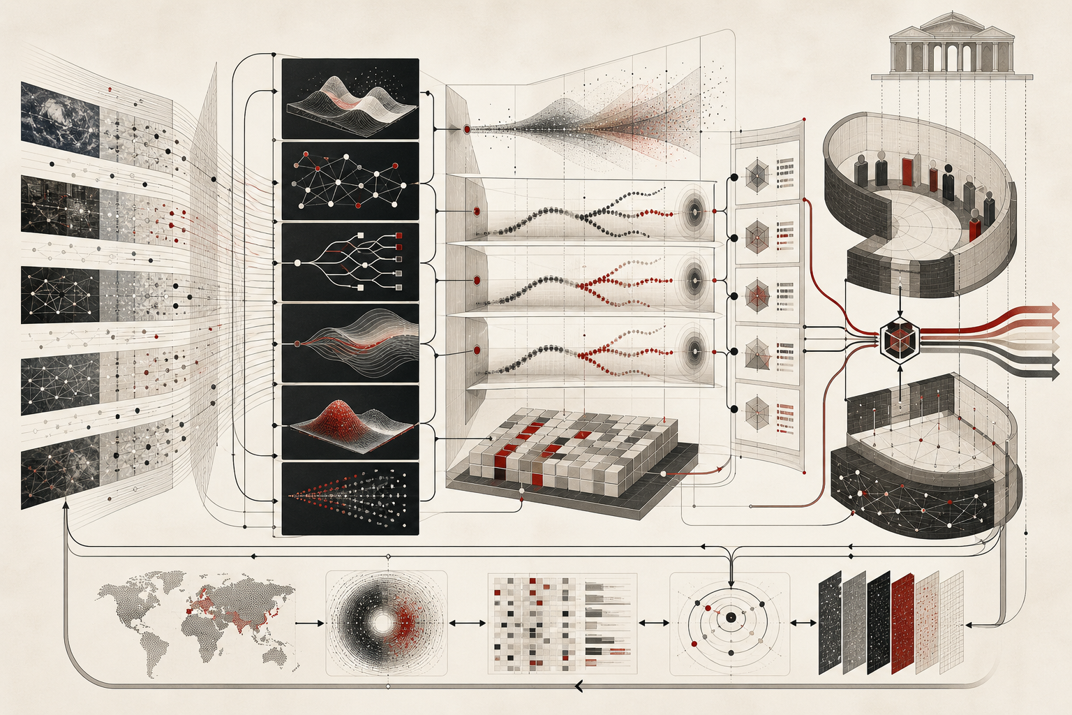 Abstract editorial illustration of an AI decision support system connecting data streams, predictive models, uncertainty estimates, scenario analysis, decision options, governance review, and feedback loops.