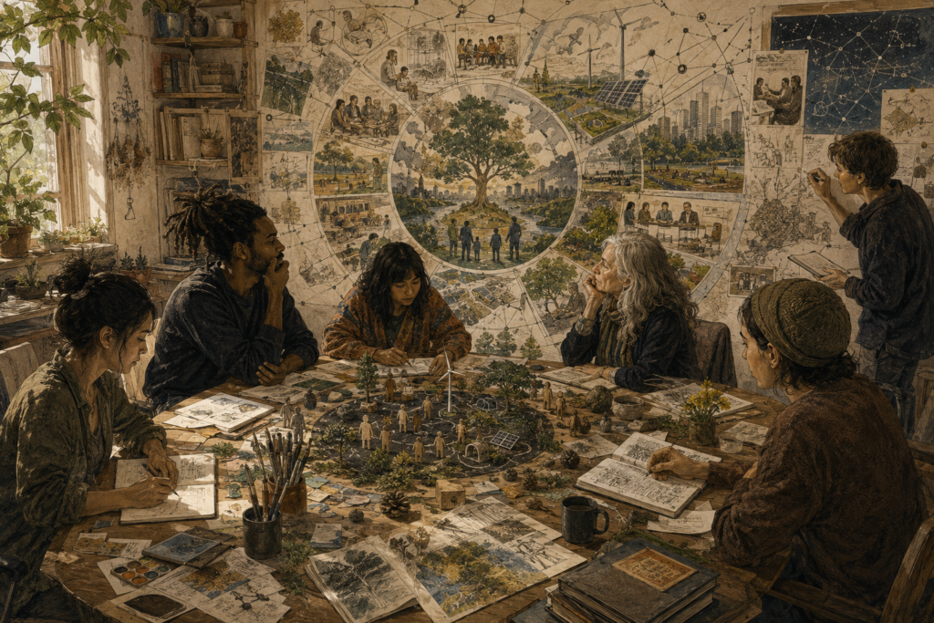 A diverse group studies AI-assisted decision-making through ecological models, community planning, systems maps, and long-term public choices.
