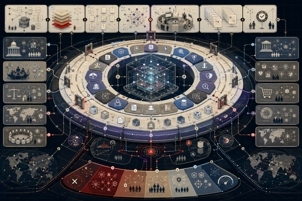 AI governance system showing regulatory frameworks, oversight mechanisms, risk classification, assurance evidence, documentation, conformity assessment, monitoring, incident response, appeal pathways, accountability controls, and policy networks governing artificial intelligence systems.