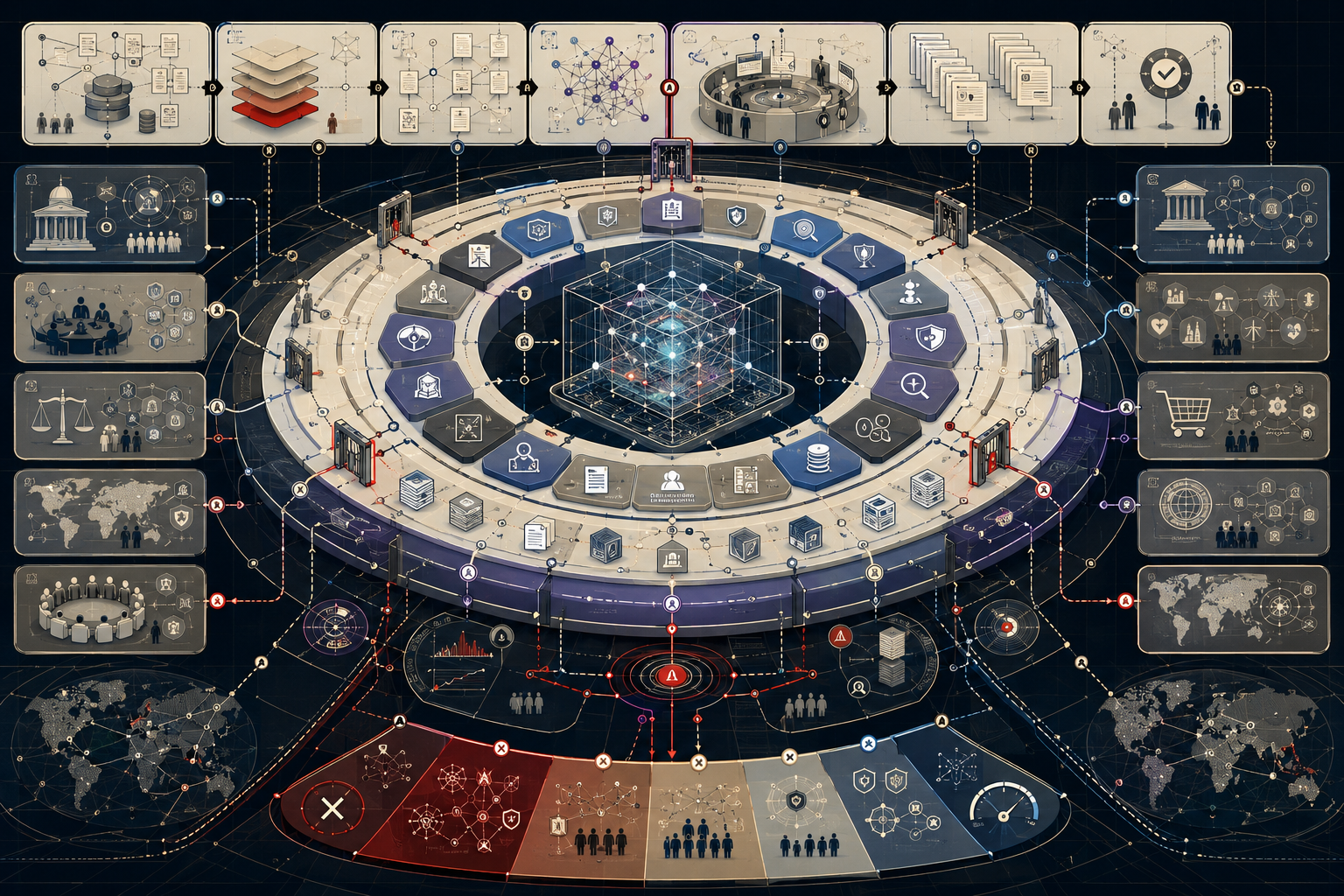 AI governance system showing regulatory frameworks, oversight mechanisms, risk classification, assurance evidence, documentation, conformity assessment, monitoring, incident response, appeal pathways, accountability controls, and policy networks governing artificial intelligence systems.