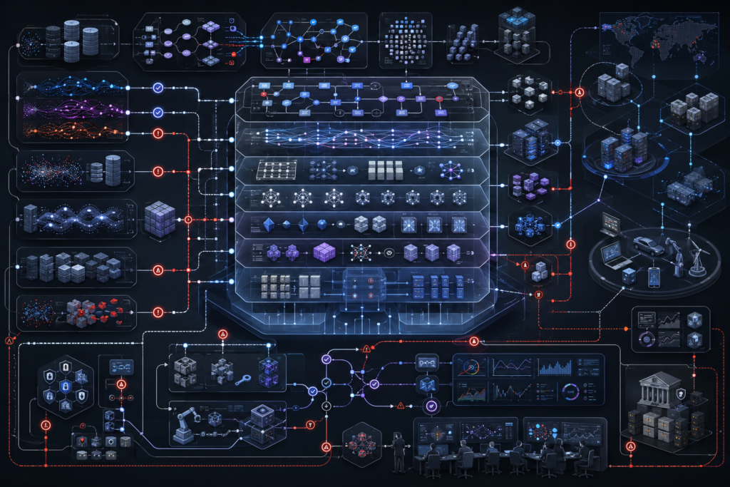 Editorial illustration of AI infrastructure showing data pipelines, distributed compute, model training, model serving, deployment systems, monitoring loops, storage layers, edge-cloud architecture, security controls, rollback pathways, lineage, and governance controls.