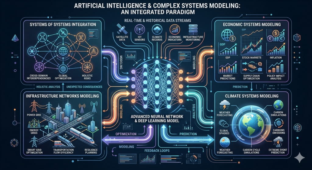 Diagram illustrating artificial intelligence and machine learning integrated with complex systems modeling.