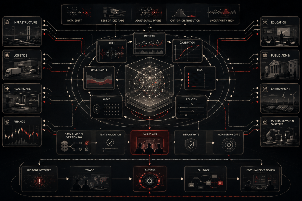AI safety and system reliability architecture showing monitoring, drift detection, calibration, uncertainty review, audit trails, risk thresholds, human oversight, incident response, fallback controls, and governance checkpoints around a deployed artificial intelligence system.