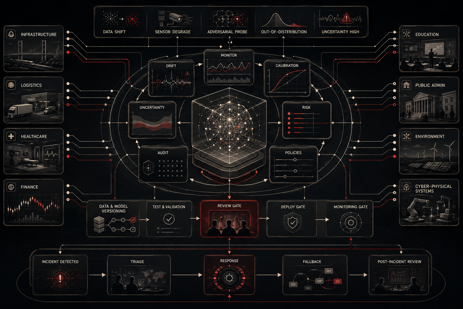 AI safety and system reliability architecture showing monitoring, drift detection, calibration, uncertainty review, audit trails, risk thresholds, human oversight, incident response, fallback controls, and governance checkpoints around a deployed artificial intelligence system.