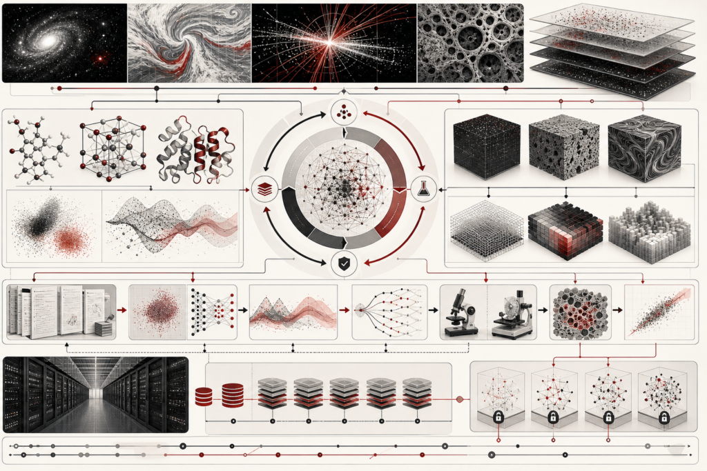 Abstract editorial illustration of an AI-driven scientific discovery system connecting datasets, simulations, models, experiments, validation, and computational infrastructure.