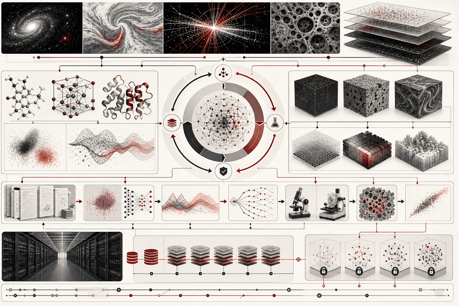 Abstract editorial illustration of an AI-driven scientific discovery system connecting datasets, simulations, machine learning models, experiments, validation, uncertainty review, and reproducible computational infrastructure.