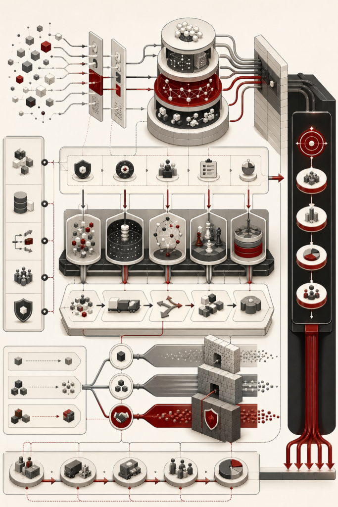Abstract editorial illustration showing AI initiatives flowing through data assets, workflow integration, governance checkpoints, defensibility barriers, value-capture pathways, and strategic control points.