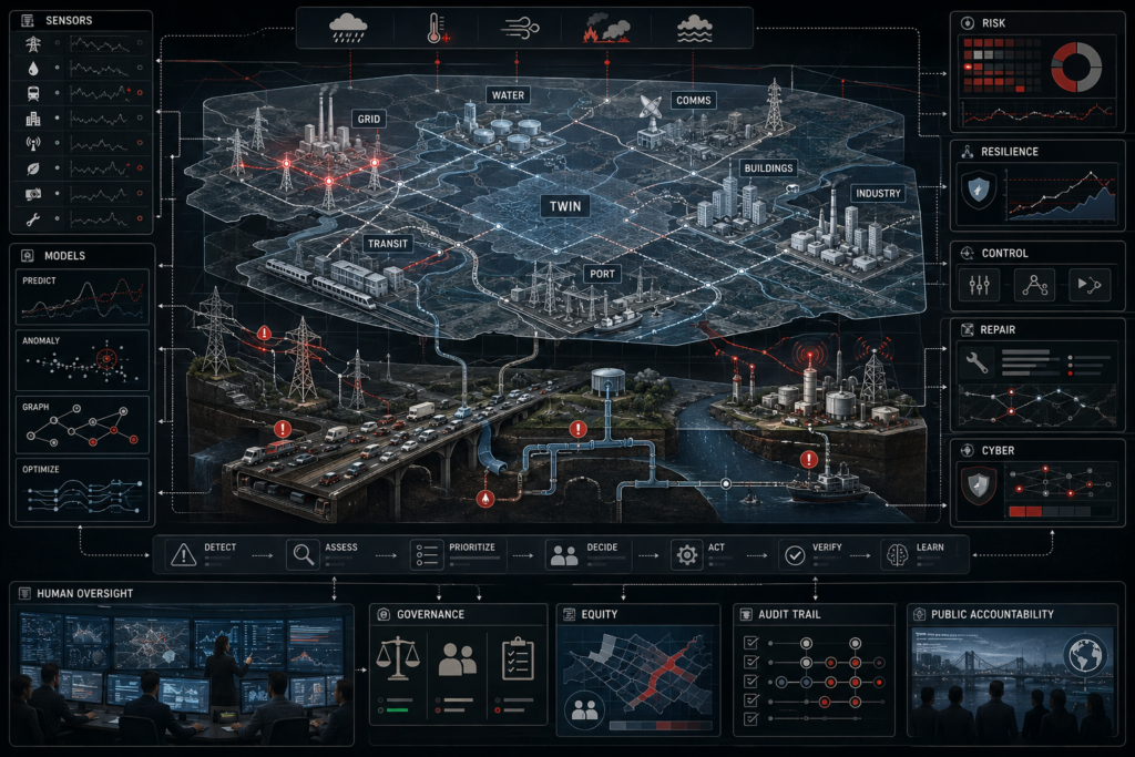 AI-enabled infrastructure system showing a digital twin of energy grids, water systems, transit networks, communications, buildings, ports, sensors, predictive models, resilience monitoring, cybersecurity controls, human oversight, equity review, audit trails, and public accountability across a smart cyber-physical network.