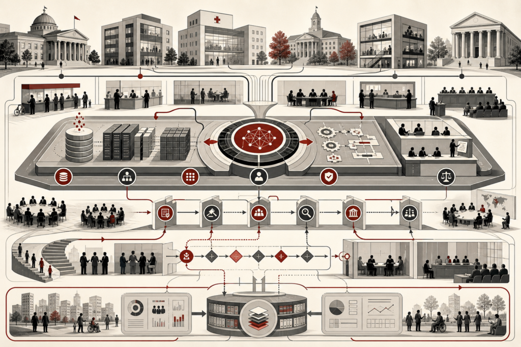 Abstract editorial illustration showing AI systems embedded across organizations and institutions through data infrastructure, workflow corridors, human review, governance checkpoints, decision hierarchies, accountability loops, public-service settings, and institutional oversight.