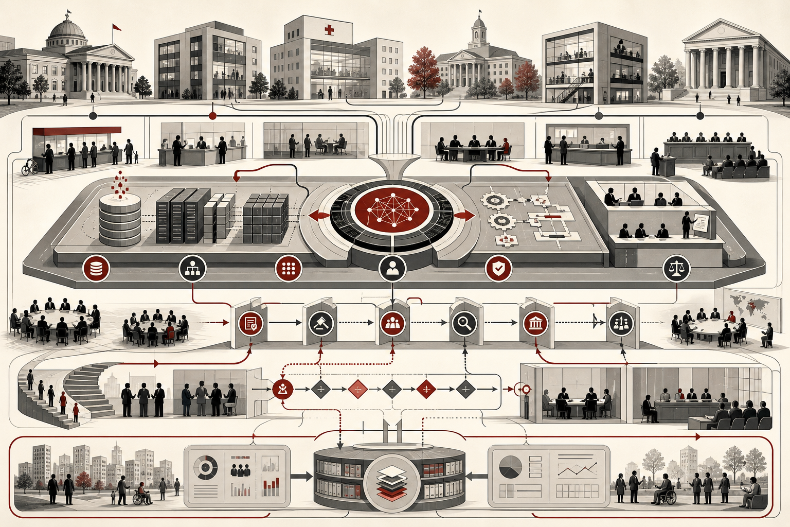 Abstract editorial illustration showing AI systems embedded across organizations and institutions through data infrastructure, workflow corridors, human review, governance checkpoints, decision hierarchies, accountability loops, public-service settings, and institutional oversight.