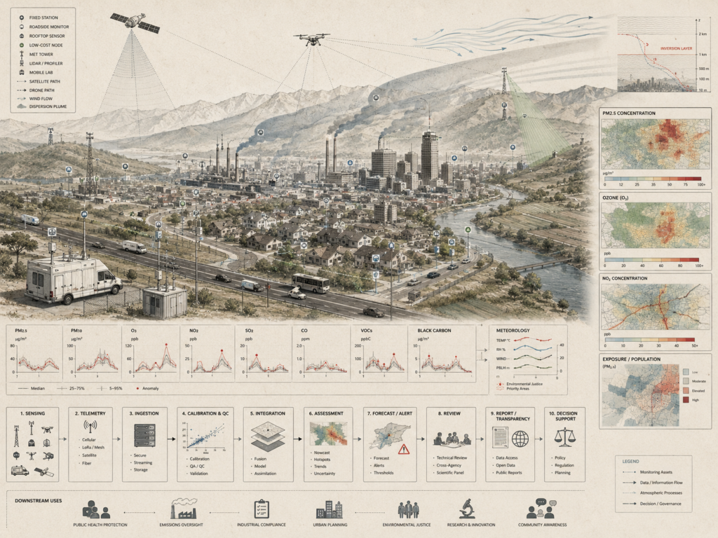 Air quality monitoring systems diagram showing urban sensors, fixed stations, mobile labs, satellites, pollutant plumes, exposure maps, data workflows, and atmospheric governance pathways.