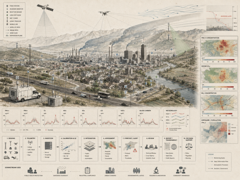 Air quality monitoring systems diagram showing urban sensors, fixed stations, mobile labs, satellites, pollutant plumes, exposure maps, data workflows, and atmospheric governance pathways.