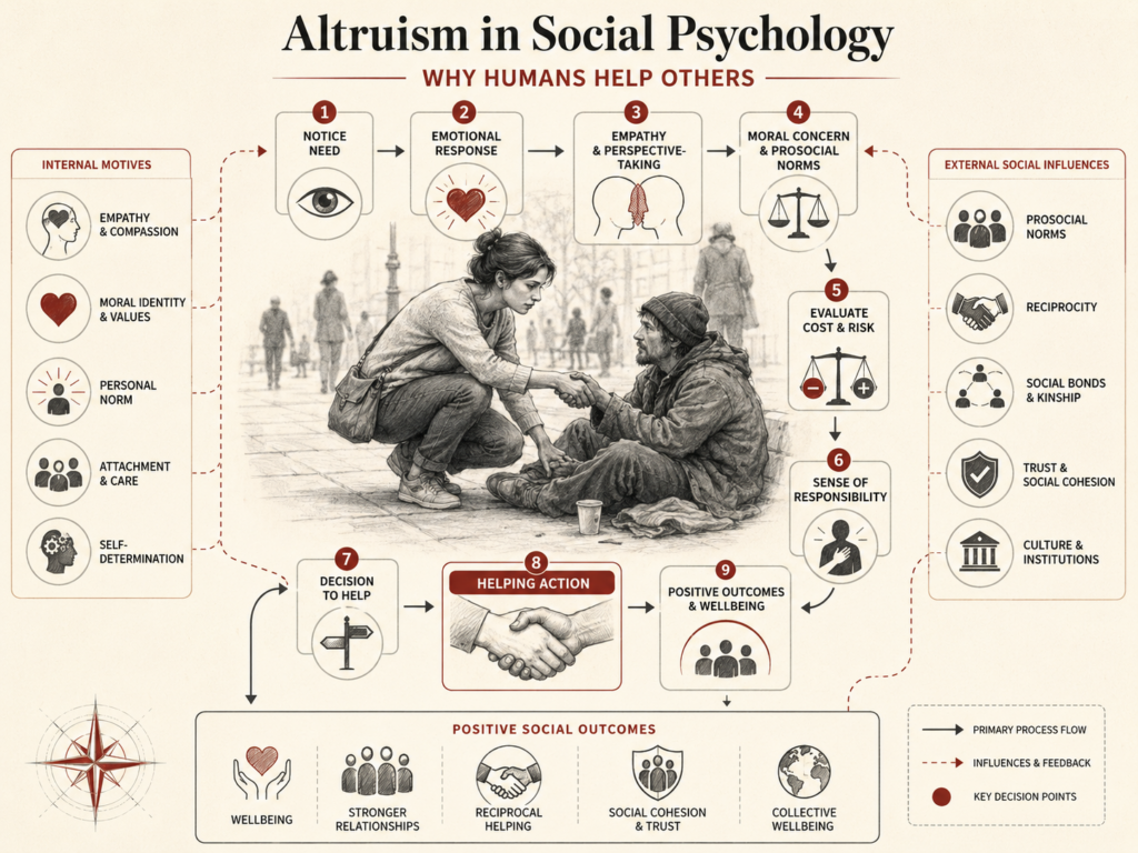 Institutional research infographic showing altruism as a social-psychological process involving empathy, moral identity, prosocial norms, responsibility, cost-risk evaluation, helping action, social bonds, trust, and positive social outcomes.