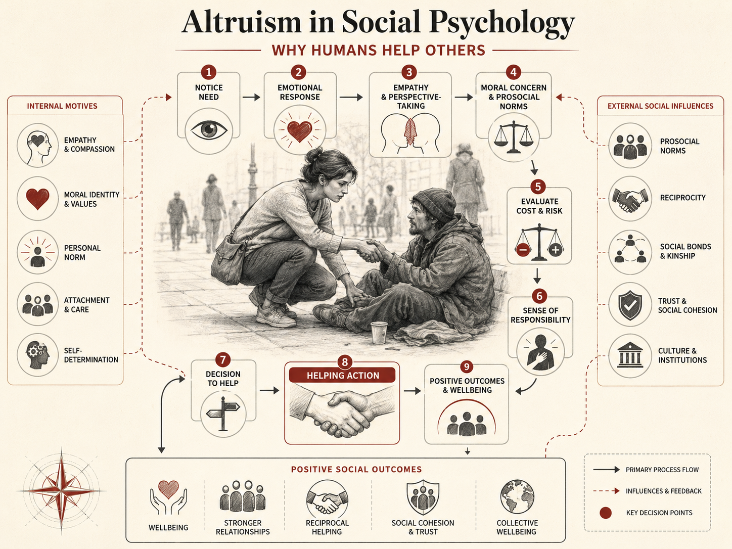 Institutional research infographic showing altruism as a social-psychological process involving empathy, moral identity, prosocial norms, responsibility, cost-risk evaluation, helping action, social bonds, trust, and positive social outcomes.