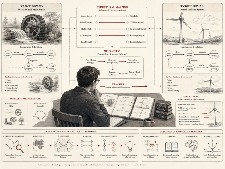 Research-grade conceptual diagram showing analogical reasoning as knowledge transfer from a source domain to a target domain through structural mapping, abstraction, relational correspondence, inference, and application