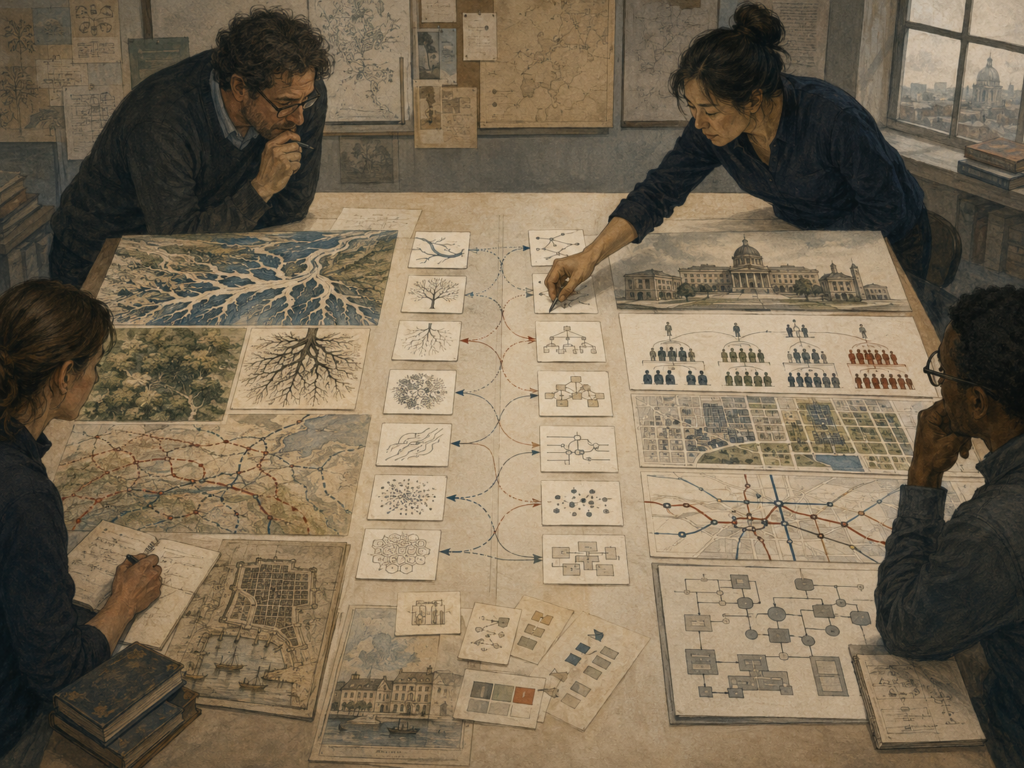 Researchers compare ecological patterns, historical maps, organizational structures, and infrastructure networks to transfer insights across different domains.
