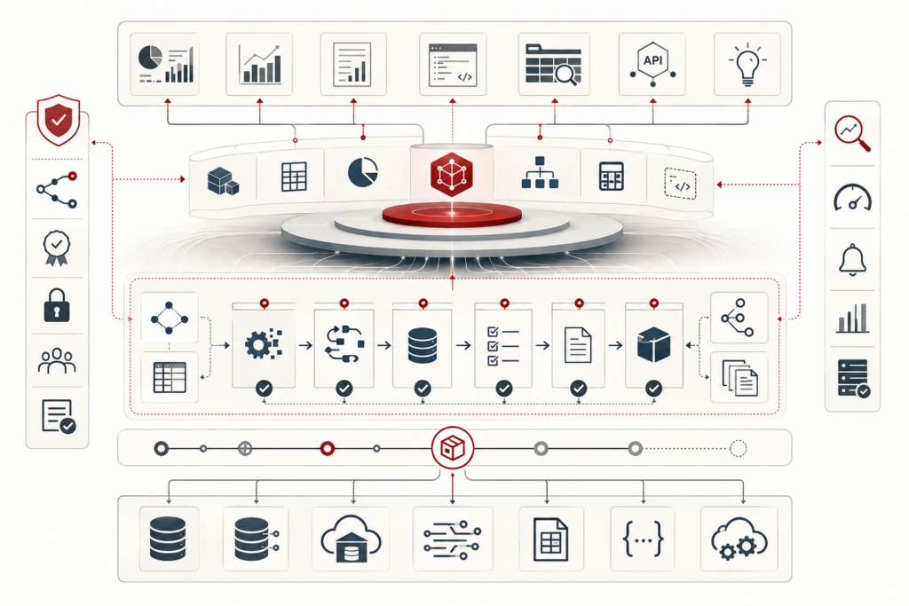 Conceptual data-systems illustration showing an analytics engineering workflow connected to a central semantic layer, governed metrics, validated transformations, data models, APIs, dashboards, and reusable analytical outputs.