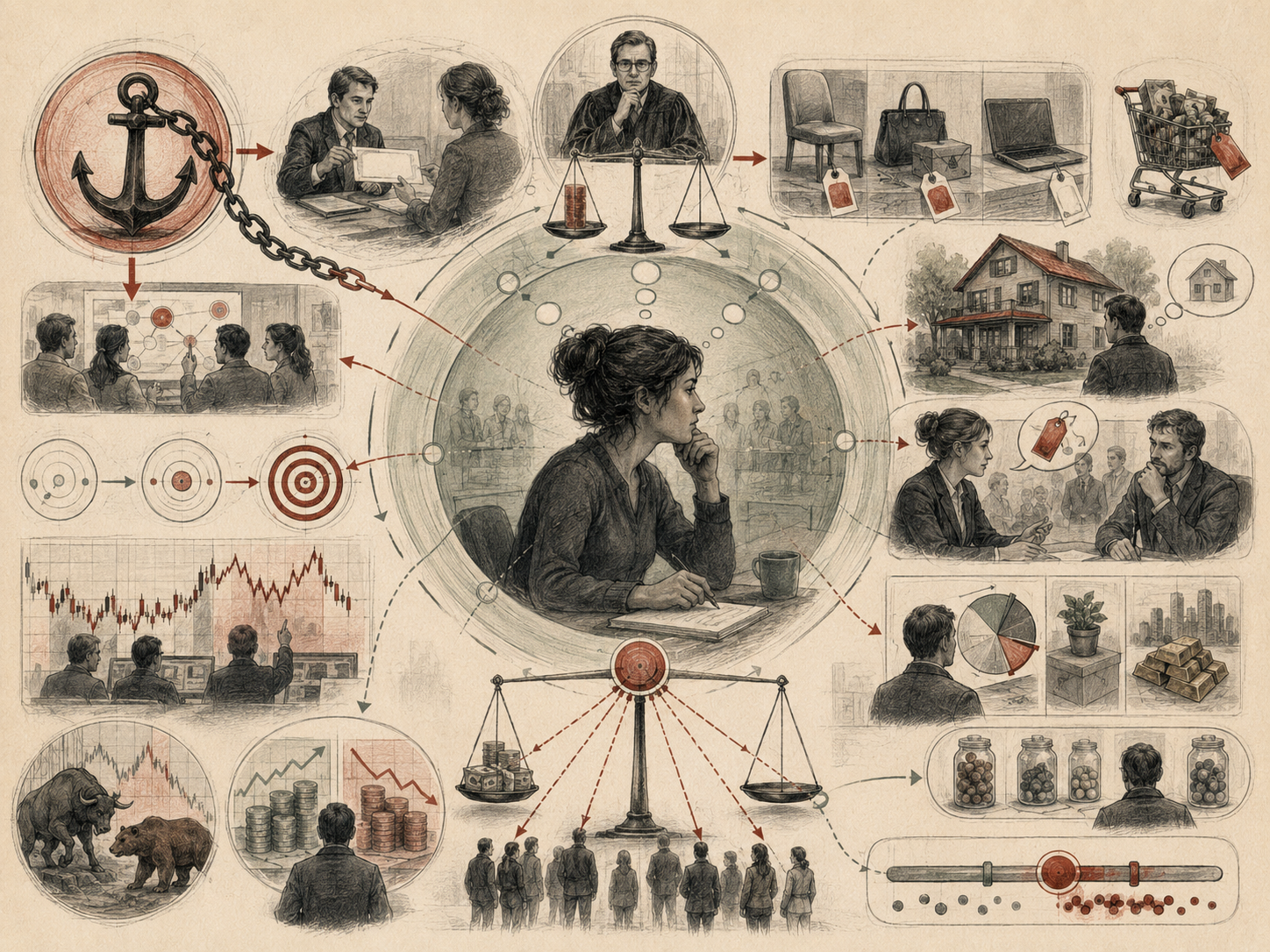 Editorial systems illustration showing anchoring bias in economic judgment through reference points, price comparisons, negotiations, market signals, housing values, investment decisions, and consumer choices.