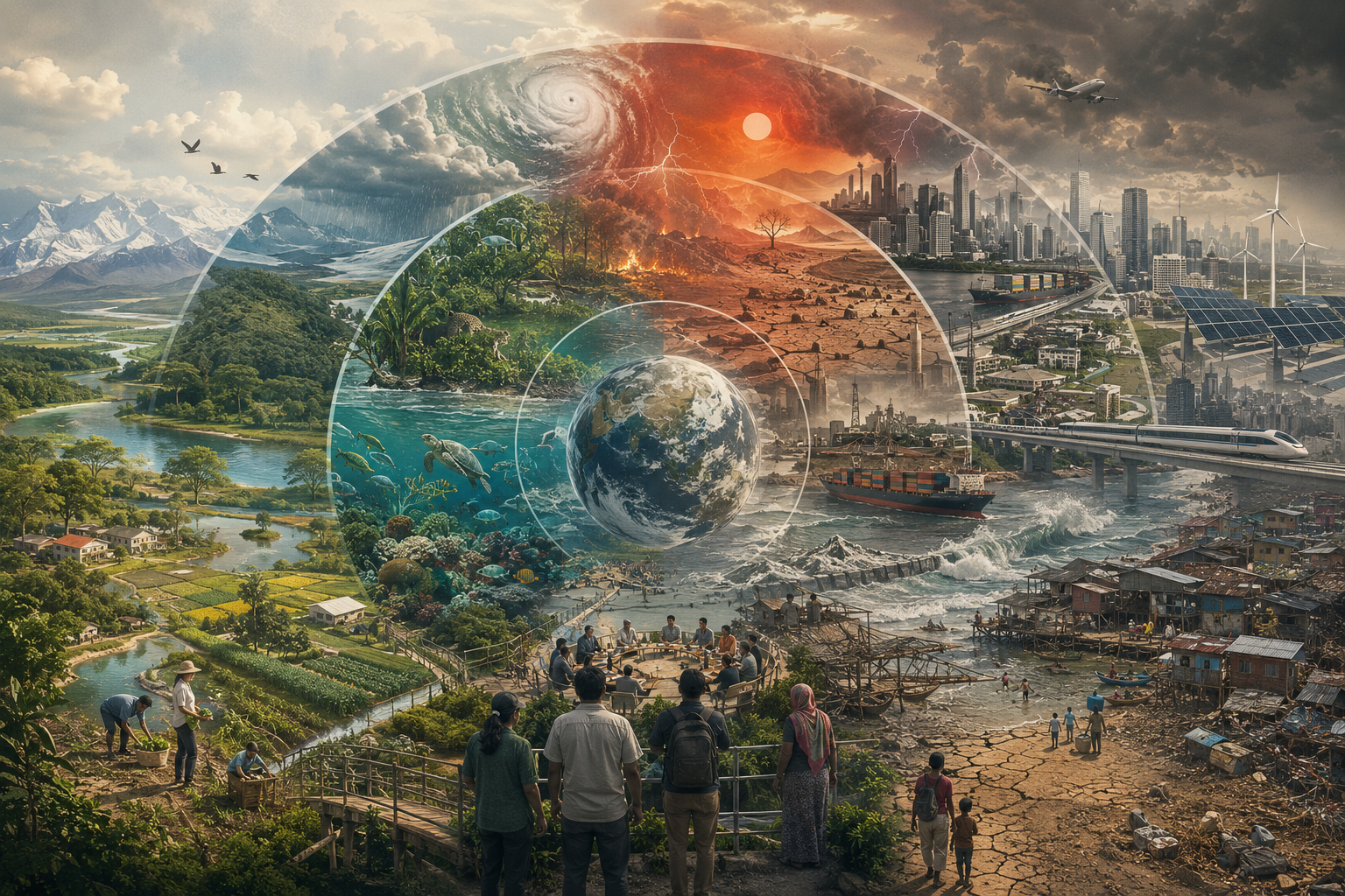 Editorial illustration of Anthropocene planetary risk showing climate warming, biodiversity loss, development demand, infrastructure, ecosystems, and unequal exposure within Earth-system limits.