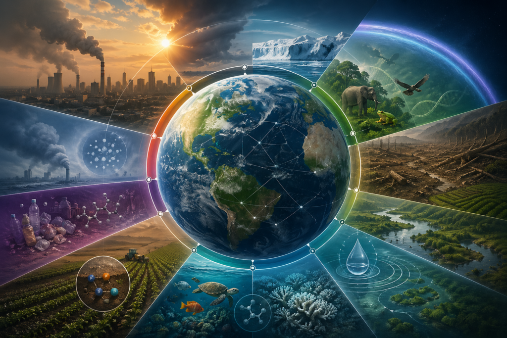 Editorial illustration of Earth surrounded by threshold rings and connected planetary systems, showing climate change, biodiversity, land-system change, freshwater stress, ocean acidification, nutrient cycles, novel entities, atmospheric pollution, and ozone recovery.
