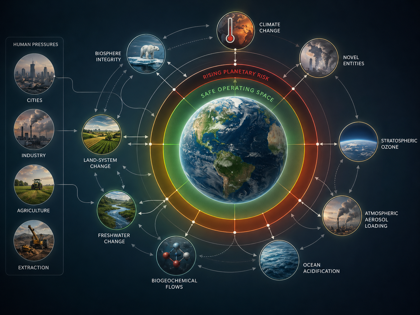 Infographic of Earth inside safe operating space and rising planetary risk rings, surrounded by climate change, biosphere integrity, land-system change, freshwater change, biogeochemical flows, ocean acidification, atmospheric aerosol loading, stratospheric ozone, novel entities, and human pressures from cities, industry, agriculture, and extraction.