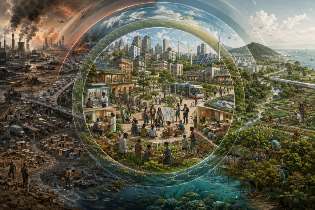 Editorial sustainability illustration showing human prosperity, community life, and resilient infrastructure nested within planetary boundaries, contrasted with ecological overshoot and regenerative development.