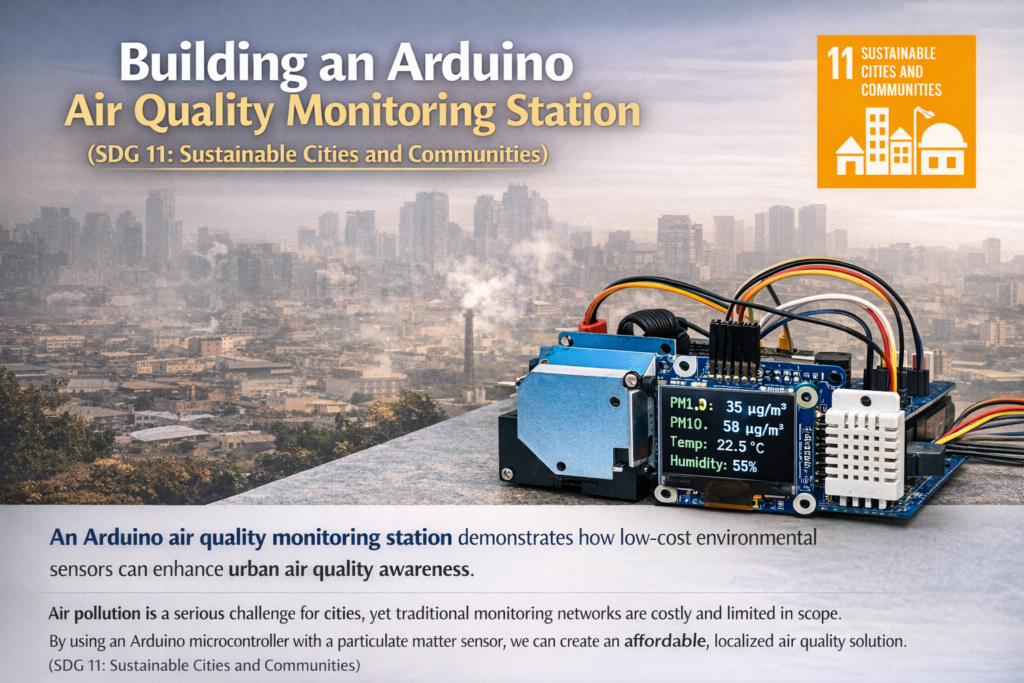 Arduino air quality monitoring station with particulate matter sensor and environmental sensors measuring PM1.0 PM2.5 and PM10 pollution levels to support urban air monitoring and SDG 11 Sustainable Cities and Communities.