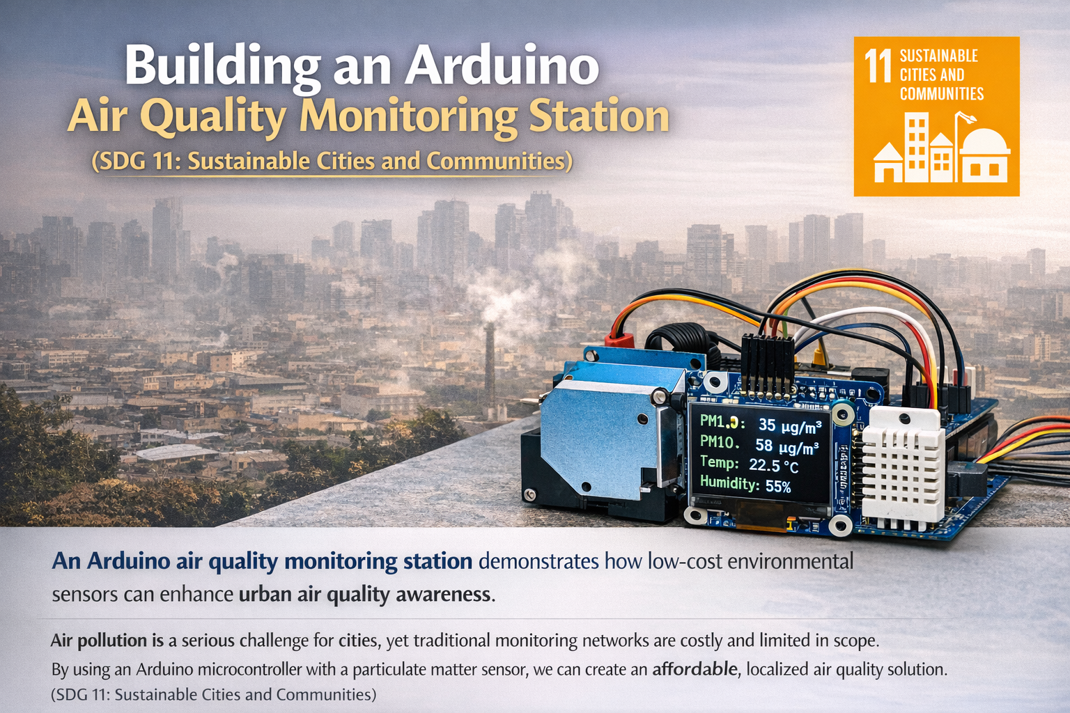 Arduino air quality monitoring station with particulate matter sensor and environmental sensors measuring PM1.0 PM2.5 and PM10 pollution levels to support urban air monitoring and SDG 11 Sustainable Cities and Communities.