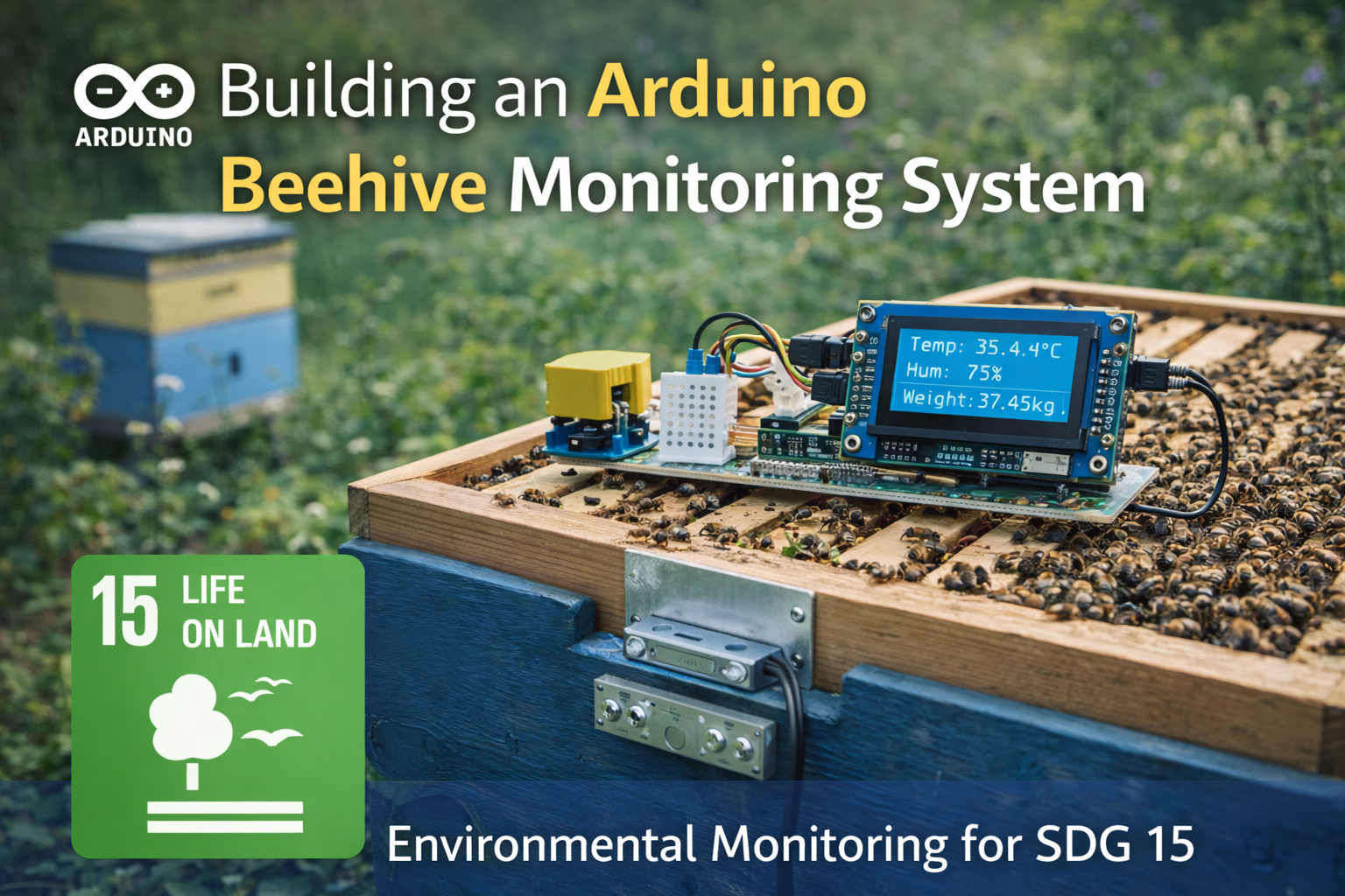 Arduino beehive monitoring system with temperature humidity and hive weight sensors collecting environmental data to support pollinator health and UN Sustainable Development Goal 15 Life on Land.