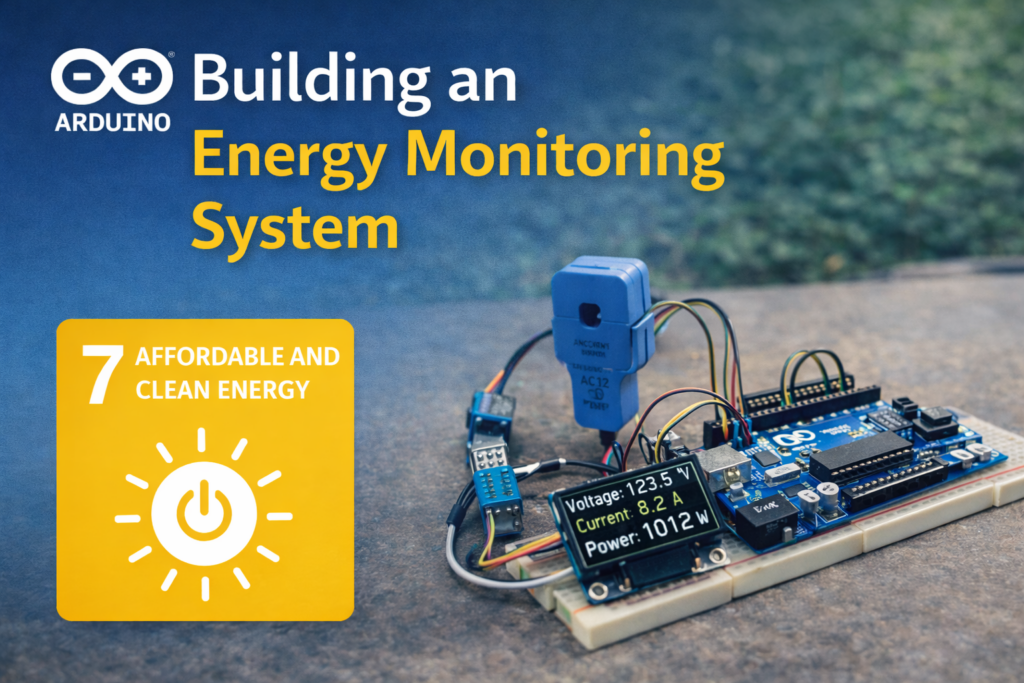 Building an Arduino Energy Monitoring System showing an Arduino board connected to current and voltage sensors to measure electricity usage aligned with UN Sustainable Development Goal 7 Affordable and Clean Energy.