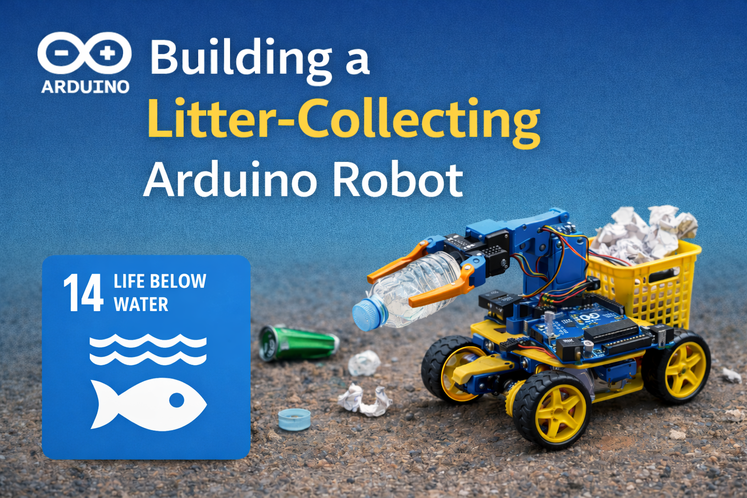 Litter-collecting Arduino robot prototype designed to remove waste and protect marine environments supporting SDG 14 Life Below Water.