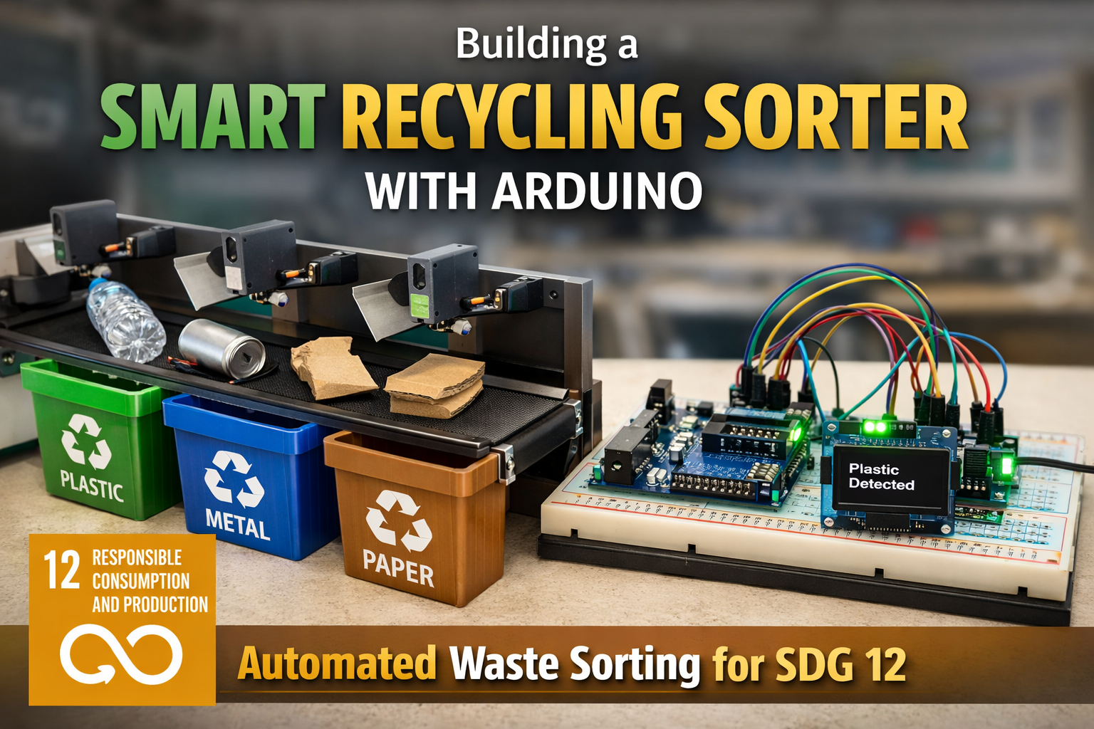 Building a Smart Recycling Sorter with Arduino using sensors and servo mechanisms to automatically separate plastic, metal, and paper waste supporting UN Sustainable Development Goal 12 Responsible Consumption and Production.