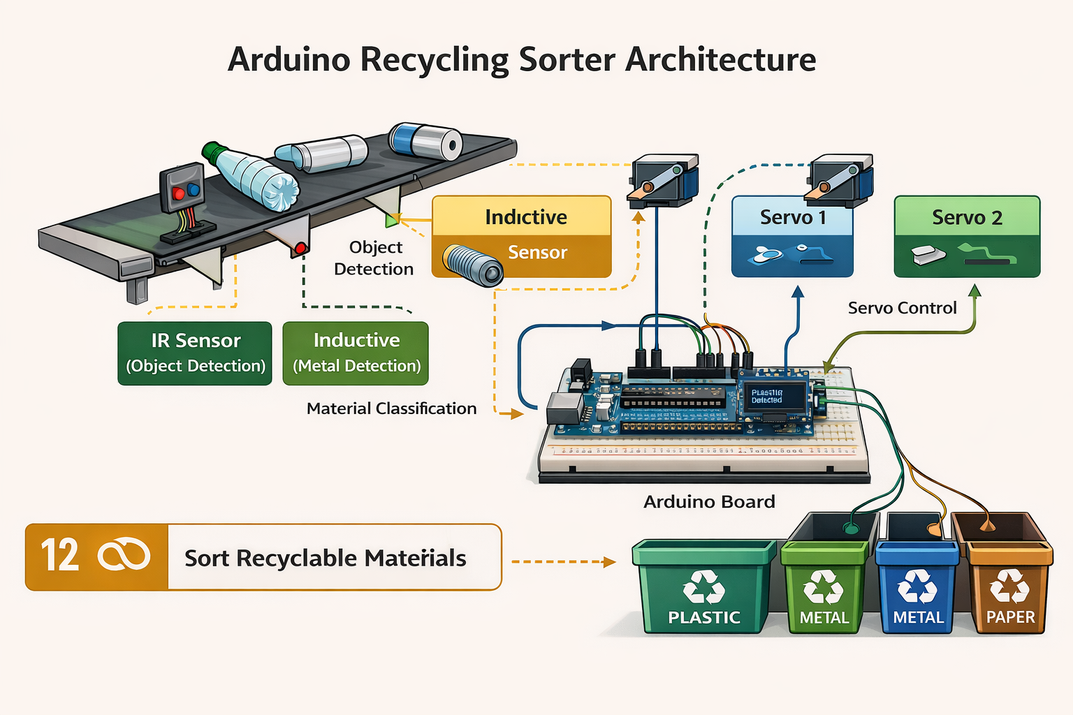 System architecture diagram of an Arduino recycling sorter using infrared and inductive sensors with servo motors to separate plastic metal and paper supporting SDG 12 Responsible Consumption and Production.